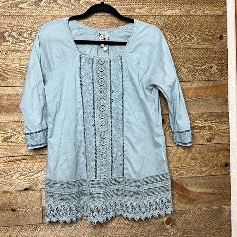 Johnny Was Lace Tunic Top Blouse Gray Embroidered Square Neck 3/4 Sleeve Size XS